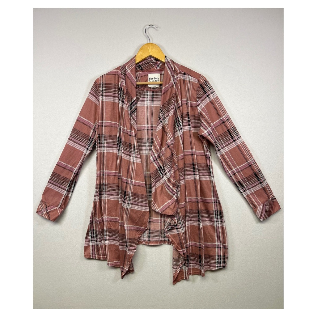 Preppy‎ Plaid New York Laundry Womens 1X Pink Draped Open Front Cardigan Sweater